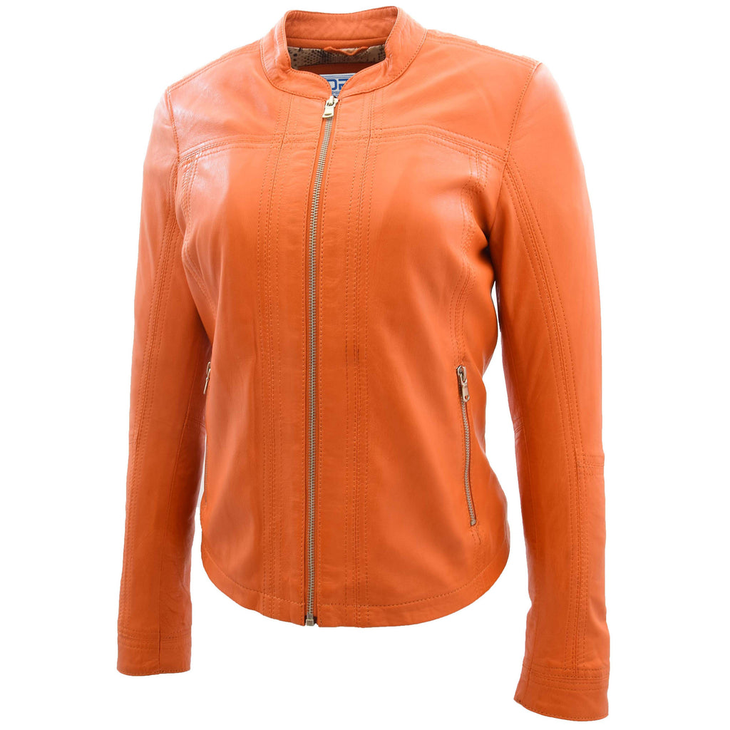 DR257 Women's Leather Classic Biker Style Jacket Orange 4