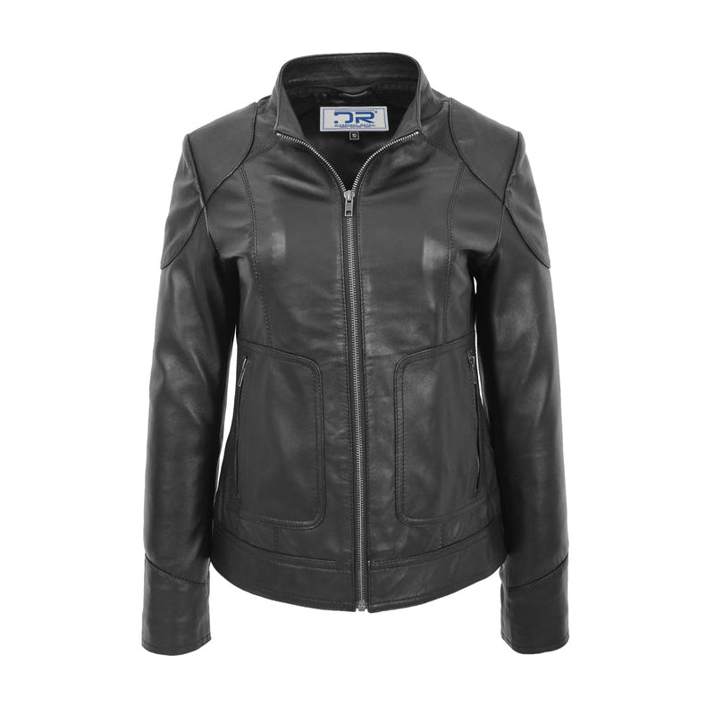 DR266 Women’s Black Leather Biker Style Jacket With Removable Hood 5