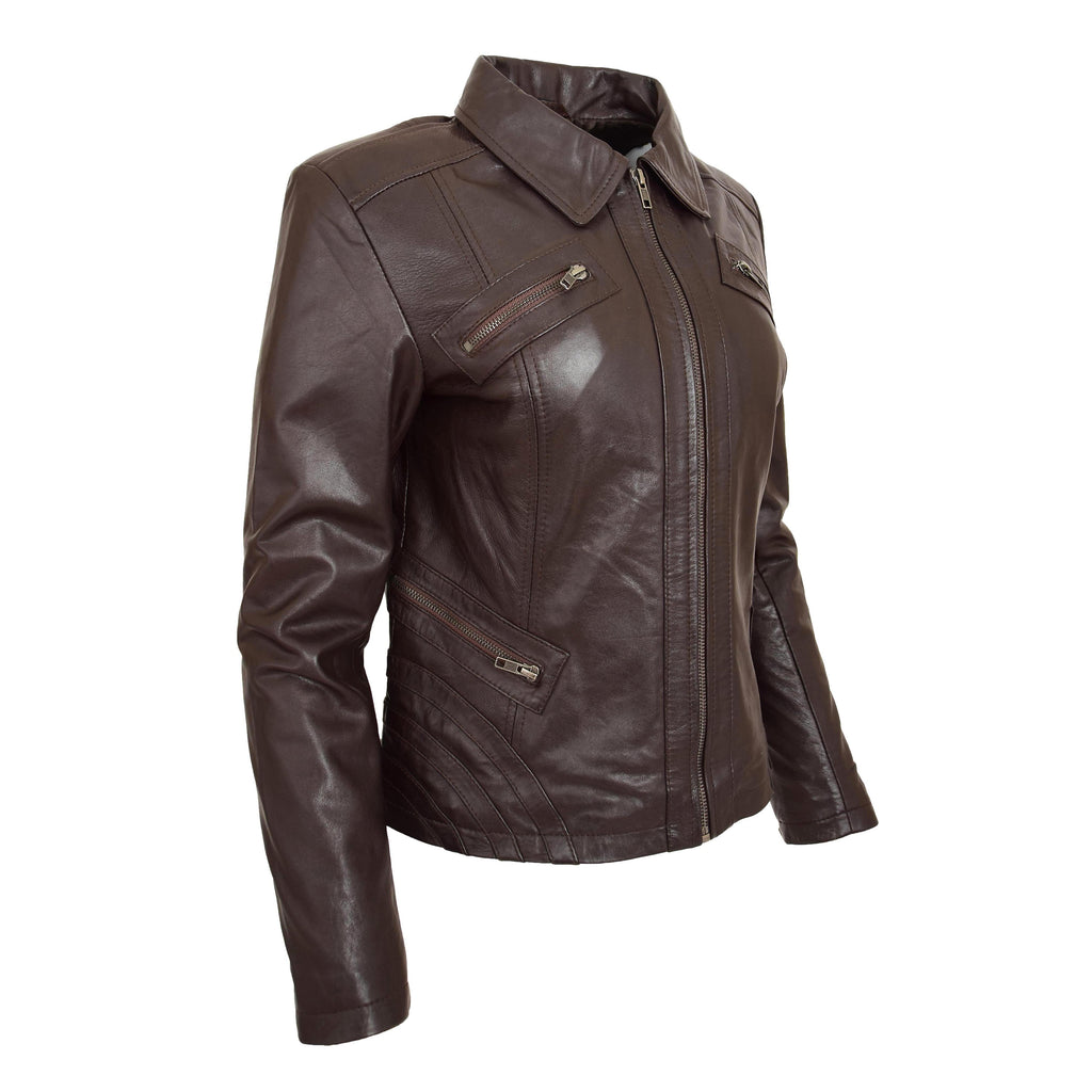 DR223 Women's Classic Leather Biker Zip Box Jacket Brown 4