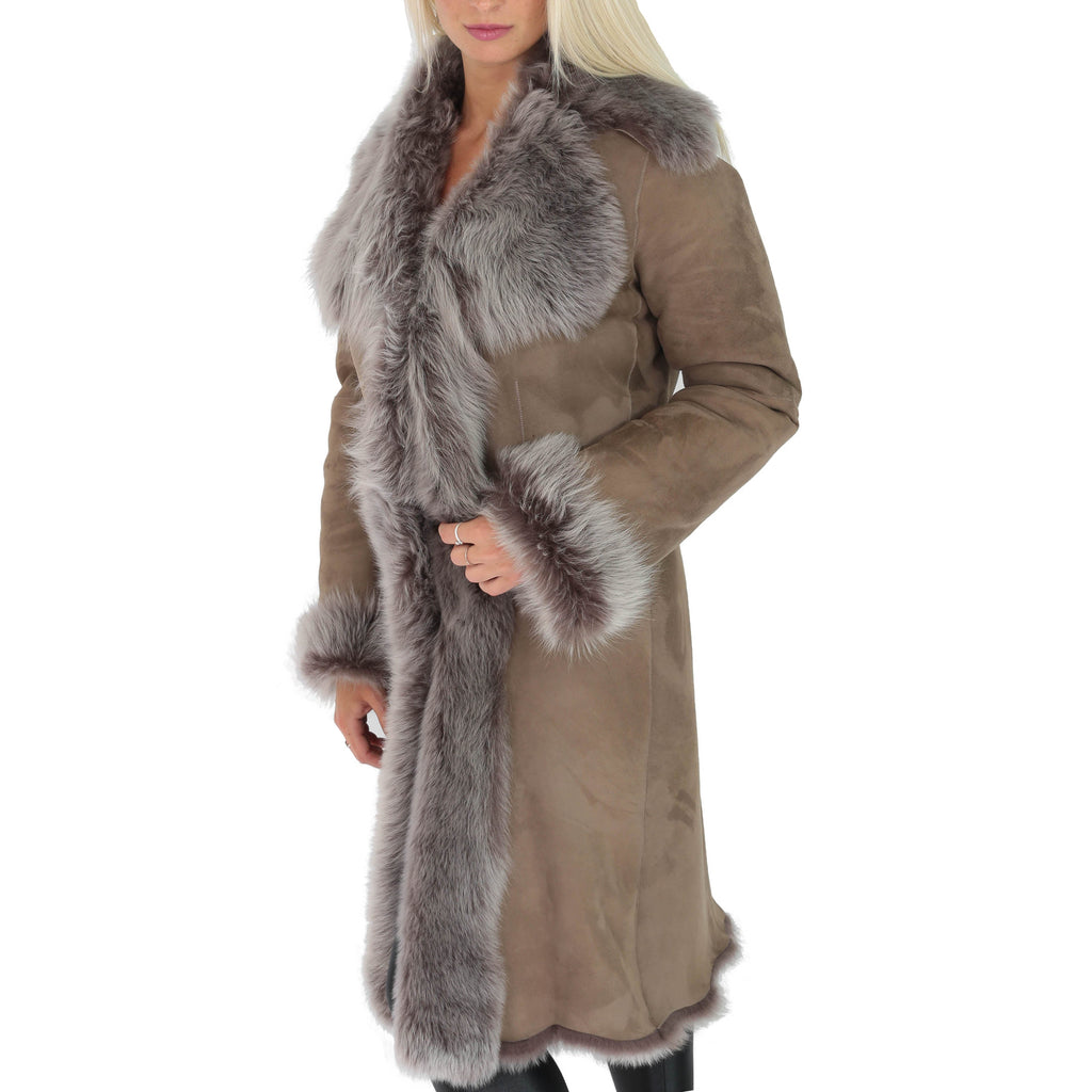 DR220 Women's Shearling Long Italian Sheepskin Leather Coat Brown Taupe 4