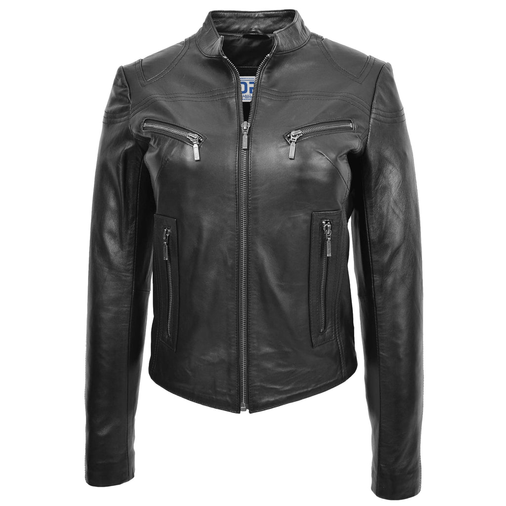 DR200 Ladies Classic Casual Biker Leather Jacket Black 1