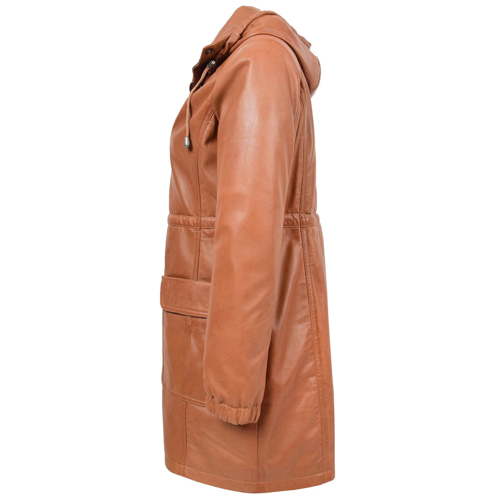 DR218 Women's Smart Long Leather Coat Hood Tan 4
