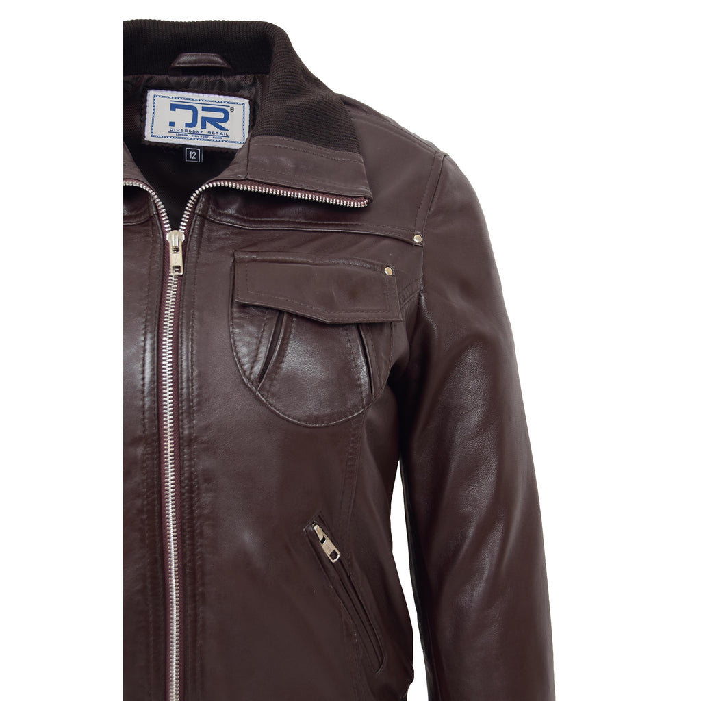 DR514 Womens Leather Classic Bomber Jacket Brown  6