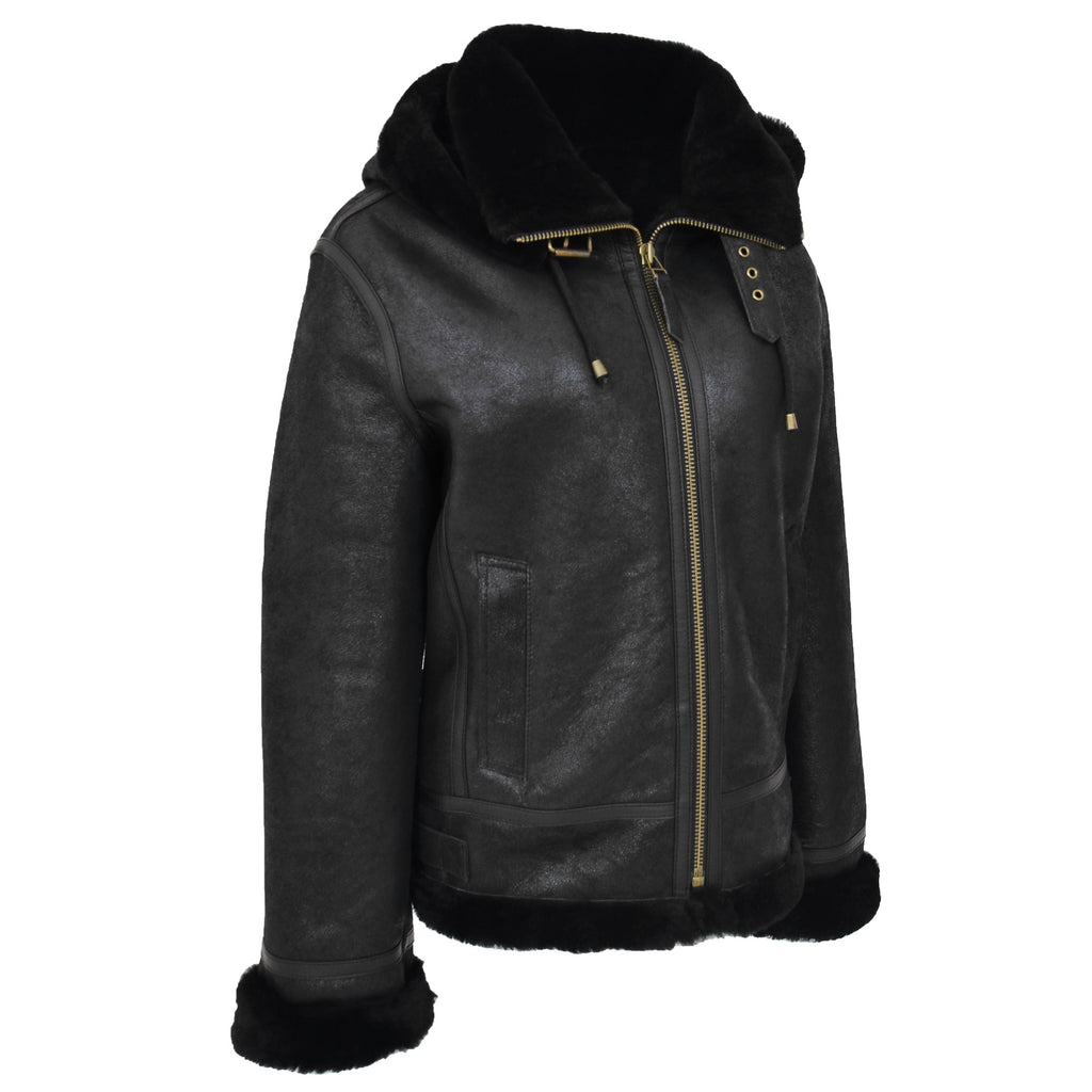 DR248 Women's Real Sheepskin Winter Warm Jacket Black 4