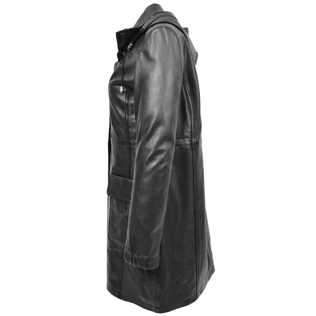 DR218 Women's Smart Long Leather Coat Hood Black 4