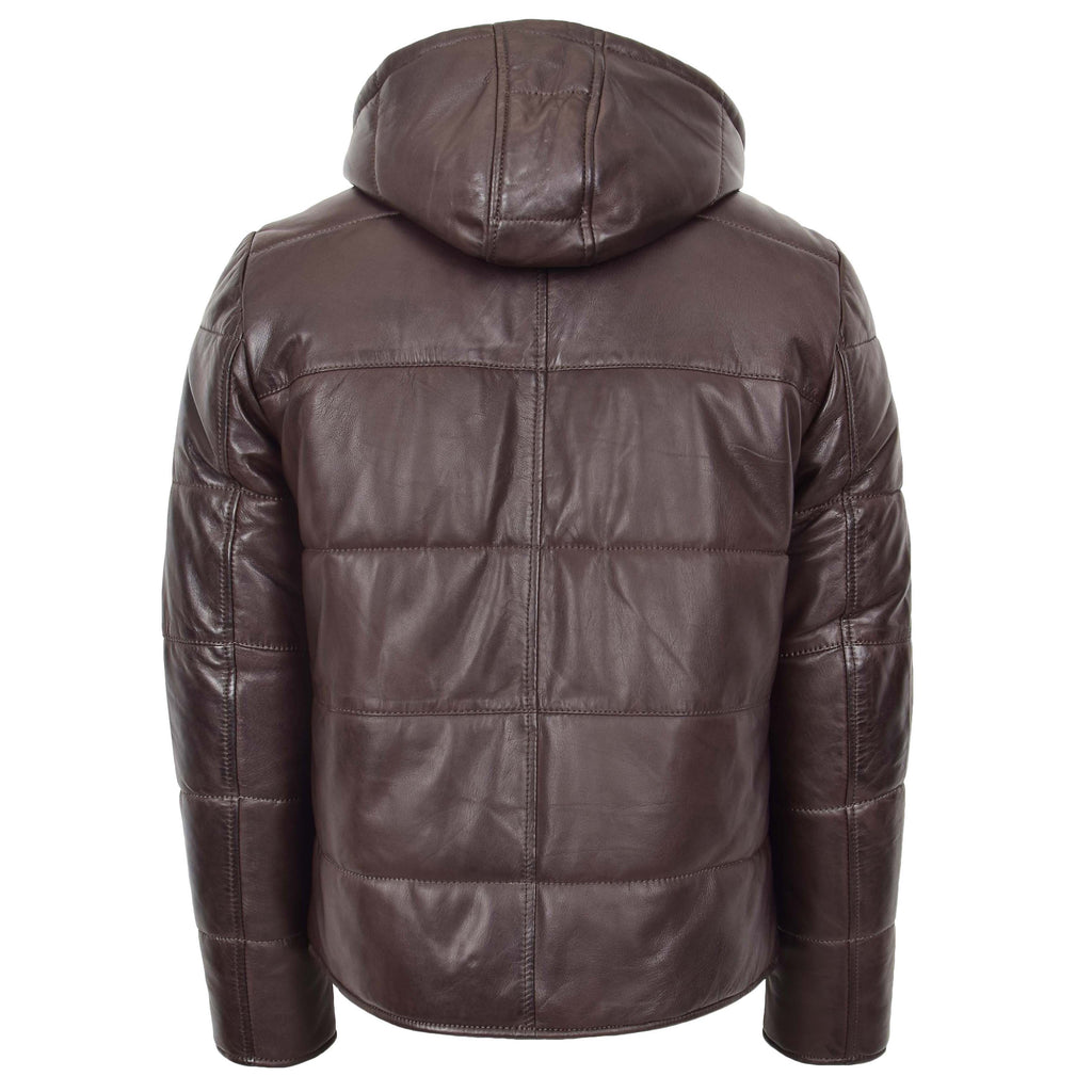 DR188 Men's Leather Hooded Puffer Jacket Brown 3