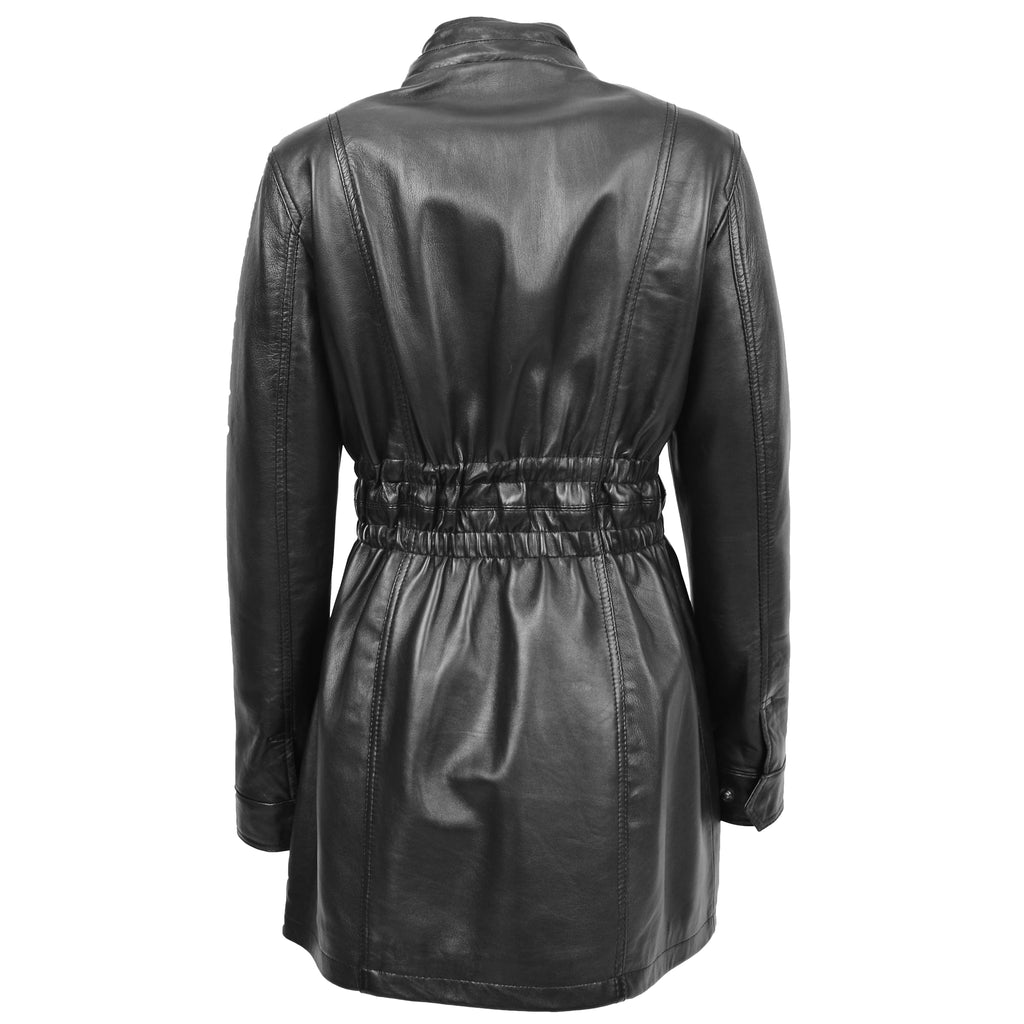 DR204 Women's Smart Long Leather Coat Hood with Fur Black 2
