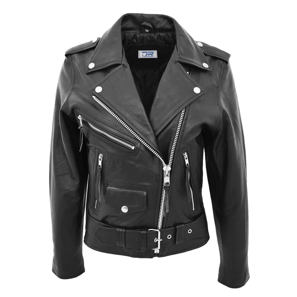 DR224 Women's Biker Chic Real Leather Jacket Black 1