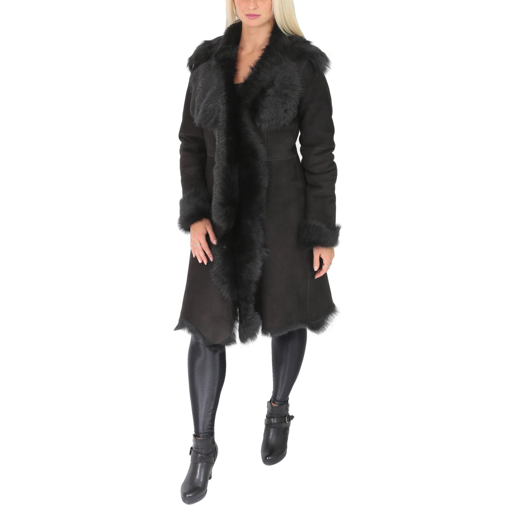DR220 Women's Shearling Long Italian Sheepskin Leather Coat Black 2