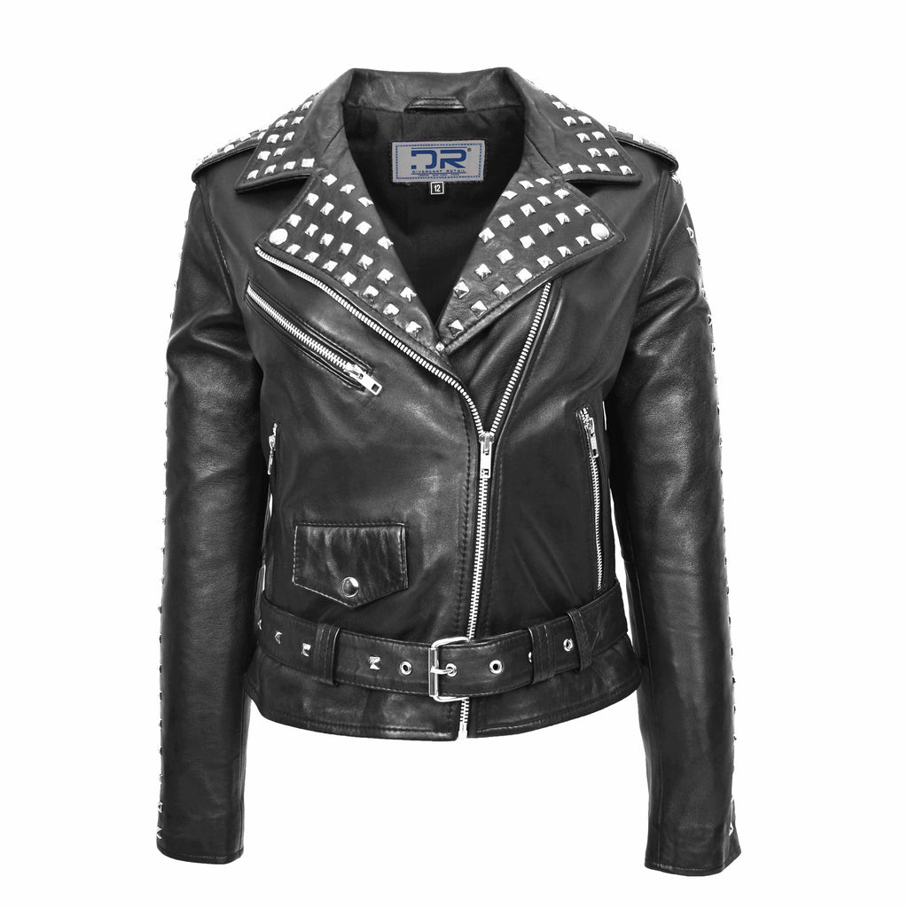 DR256 Women's Studded Biker Style Leather Jacket Black 1