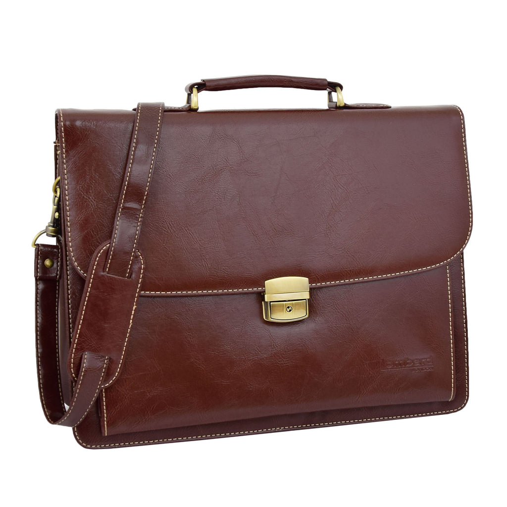 DR475 Men's Faux Leather Flap Over Briefcase Brown 1