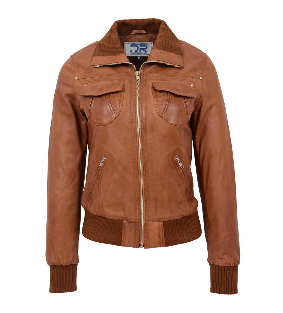 DR514 Womens Leather Classic Bomber Jacket Tan 1