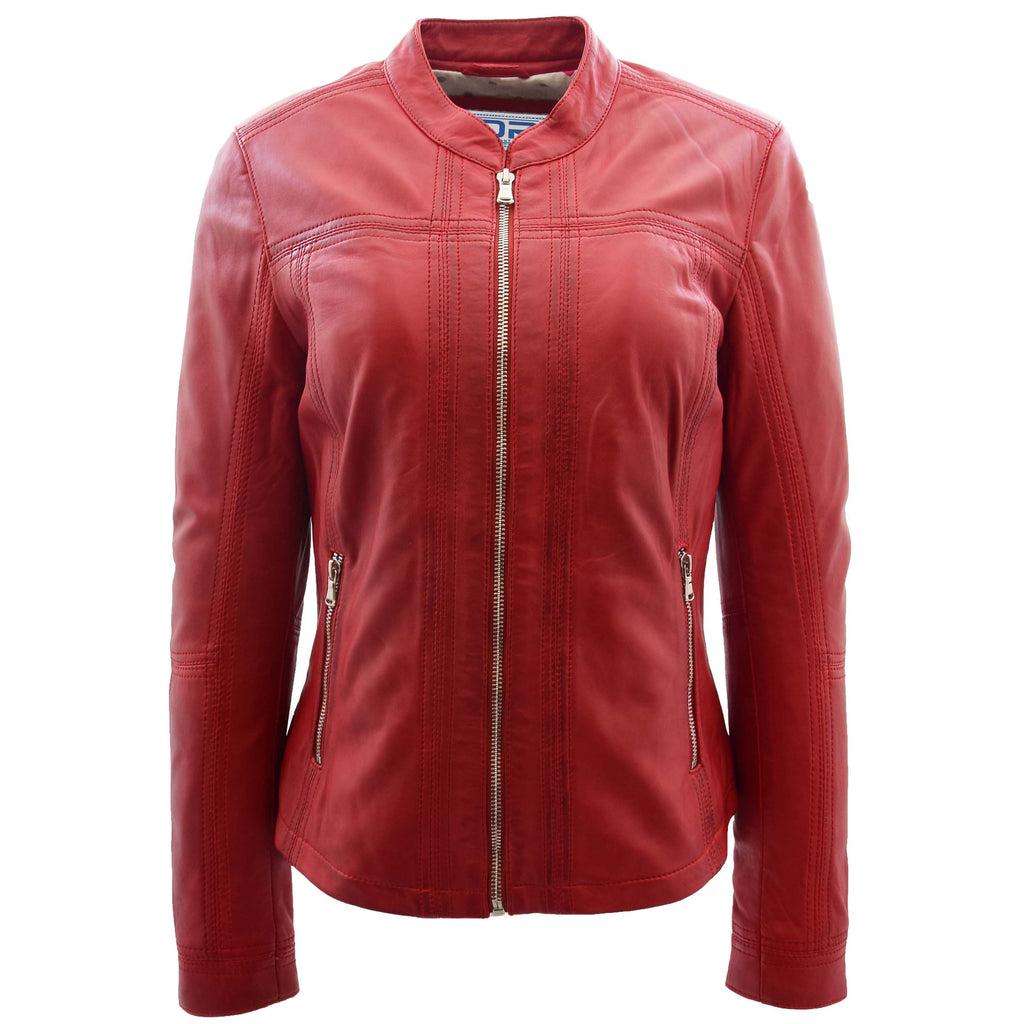 DR257 Women's Leather Classic Biker Style Jacket Red 1