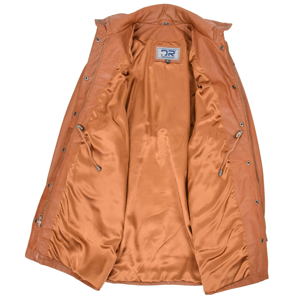 DR218 Women's Smart Long Leather Coat Hood Tan 5