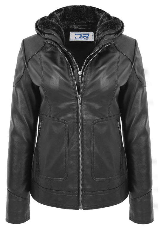 DR266 Women’s Black Leather Biker Style Jacket With Removable Hood 2