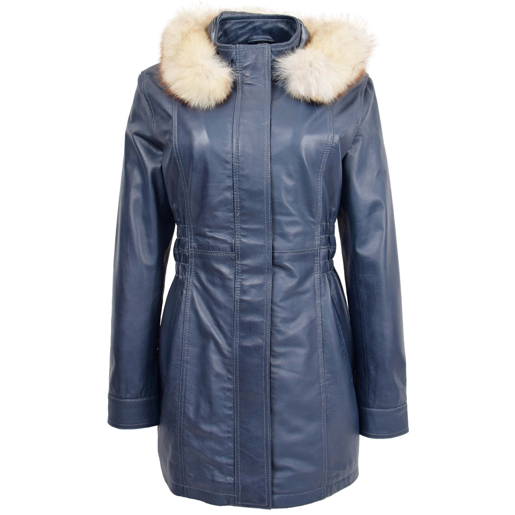 DR204 Women's Smart Long Leather Coat Hood with Fur Blue1