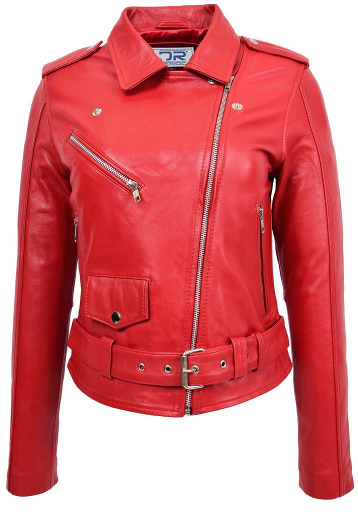 DR199 Women's Hard Ride Biker Style Leather Jacket Red 3
