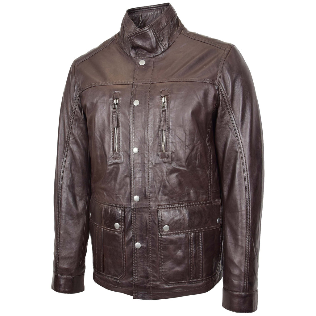 DR189 Men’s Leather Parka Jacket 3/4 Long Car Coat Brown 2