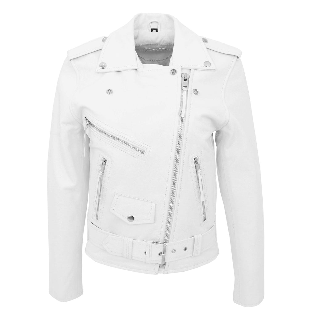 DR224 Women's Biker Chic Real Leather Jacket White 2