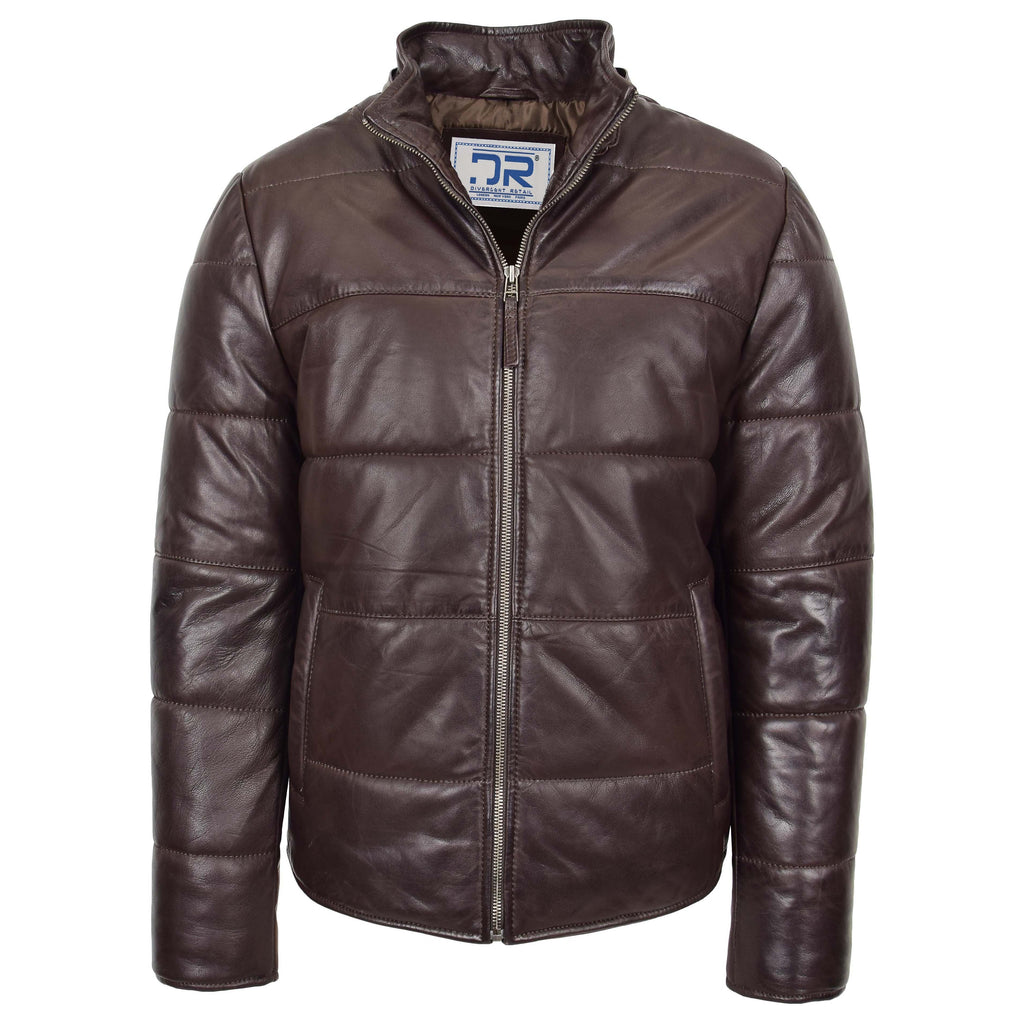DR188 Men's Leather Hooded Puffer Jacket Brown 2