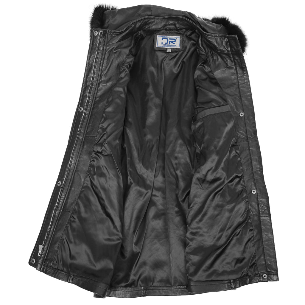 DR204 Women's Smart Long Leather Coat Hood with Fur Black 5