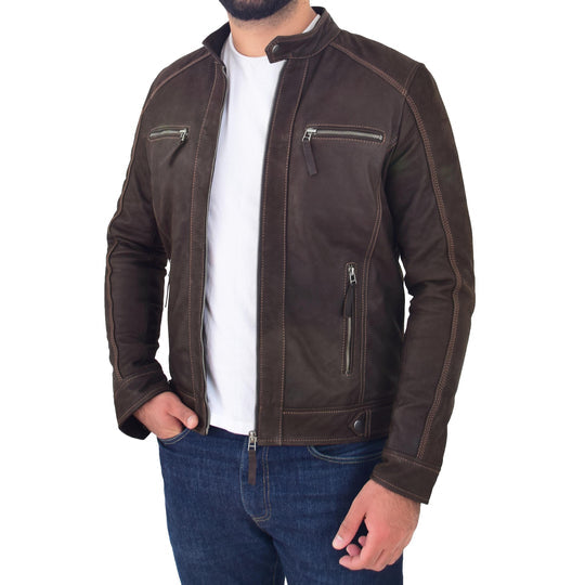 DR193 Men’s Real Waxed Leather Biker Jacket Brown 5