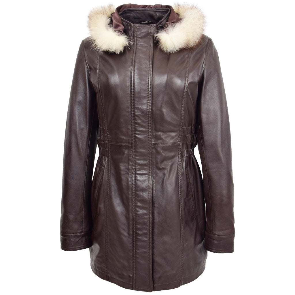 DR204 Women's Smart Long Leather Coat Hood with Fur Brown 1