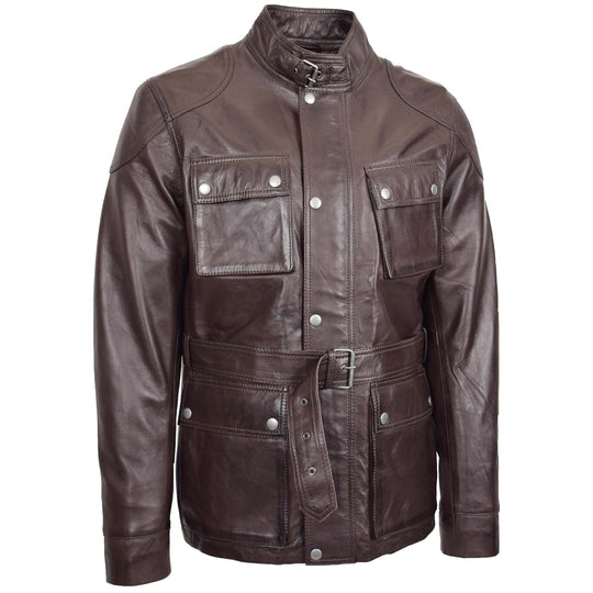 DR190 Men’s Leather Trendy Safari Jacket With Waist Belt Brown 2
