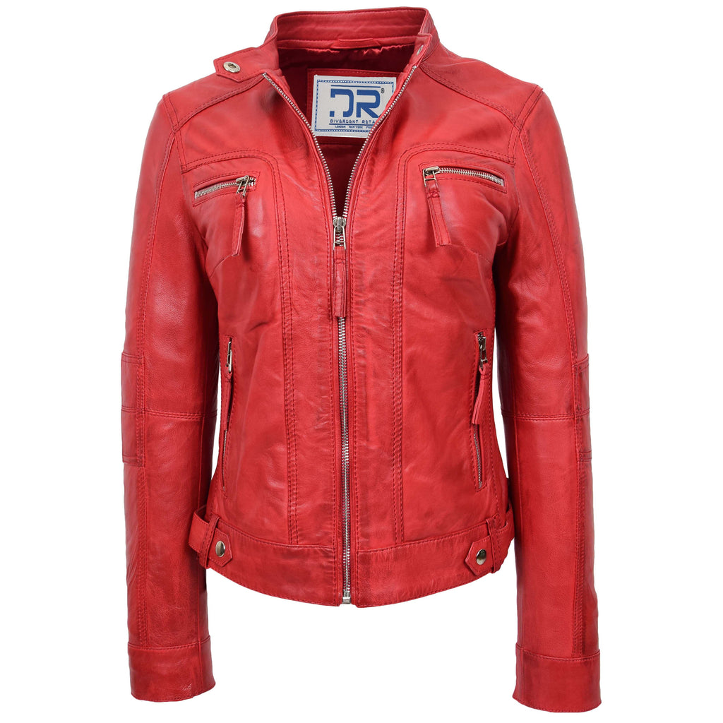 DR245 Women's Real Leather Biker Jacket Red 1