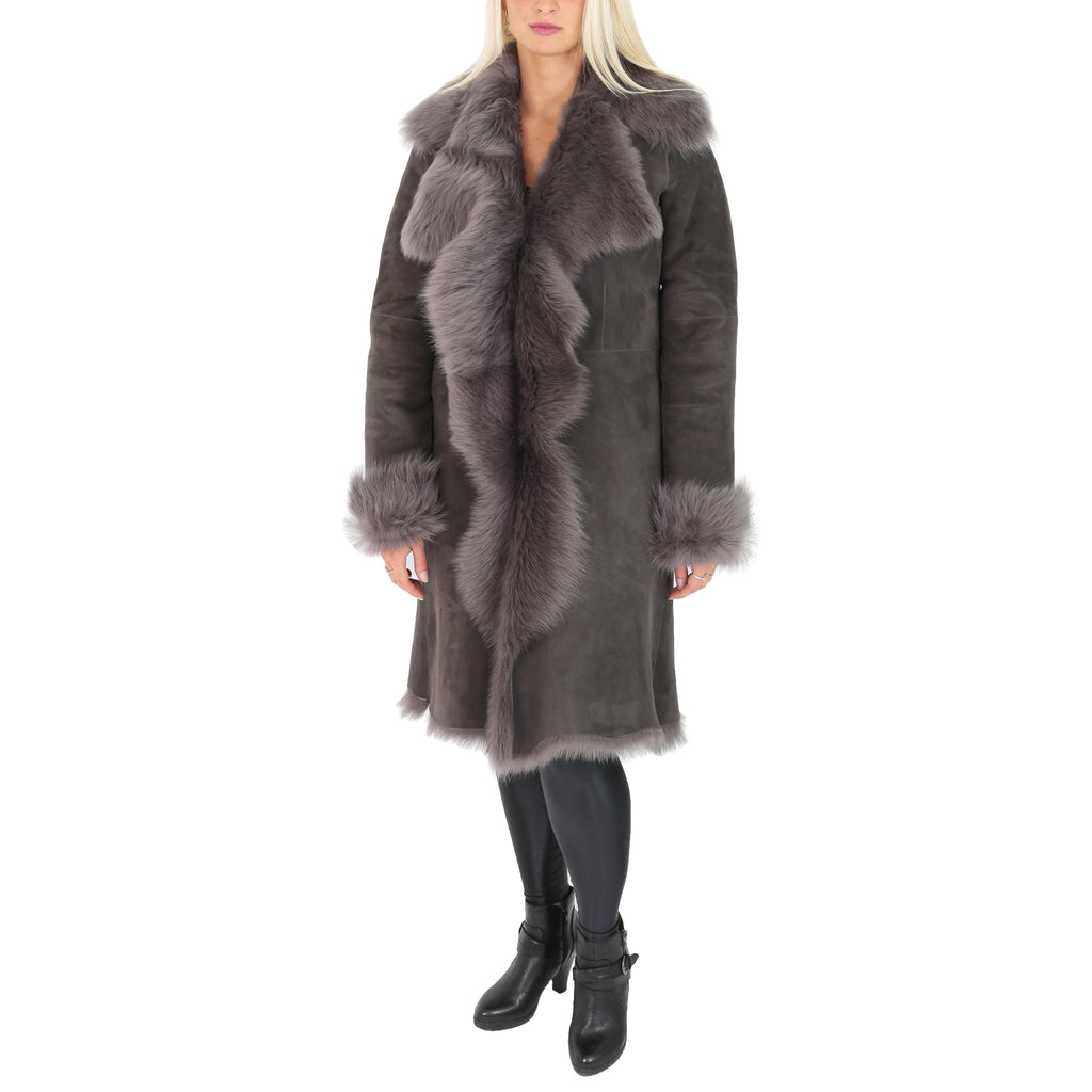 DR220 Women's Shearling Long Italian Sheepskin Leather Coat Grey 3