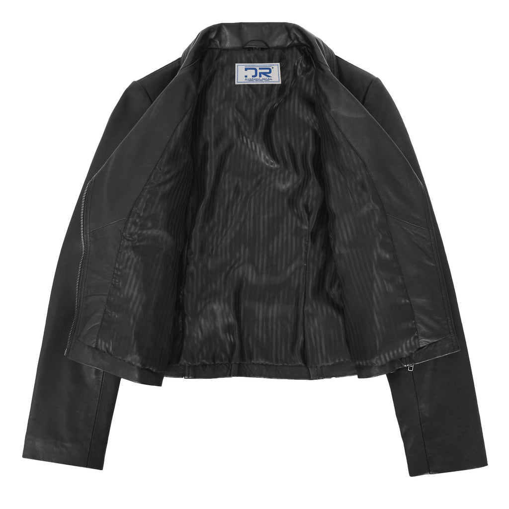 DR208 Women's Collarless Biker Leather jacket Black 5