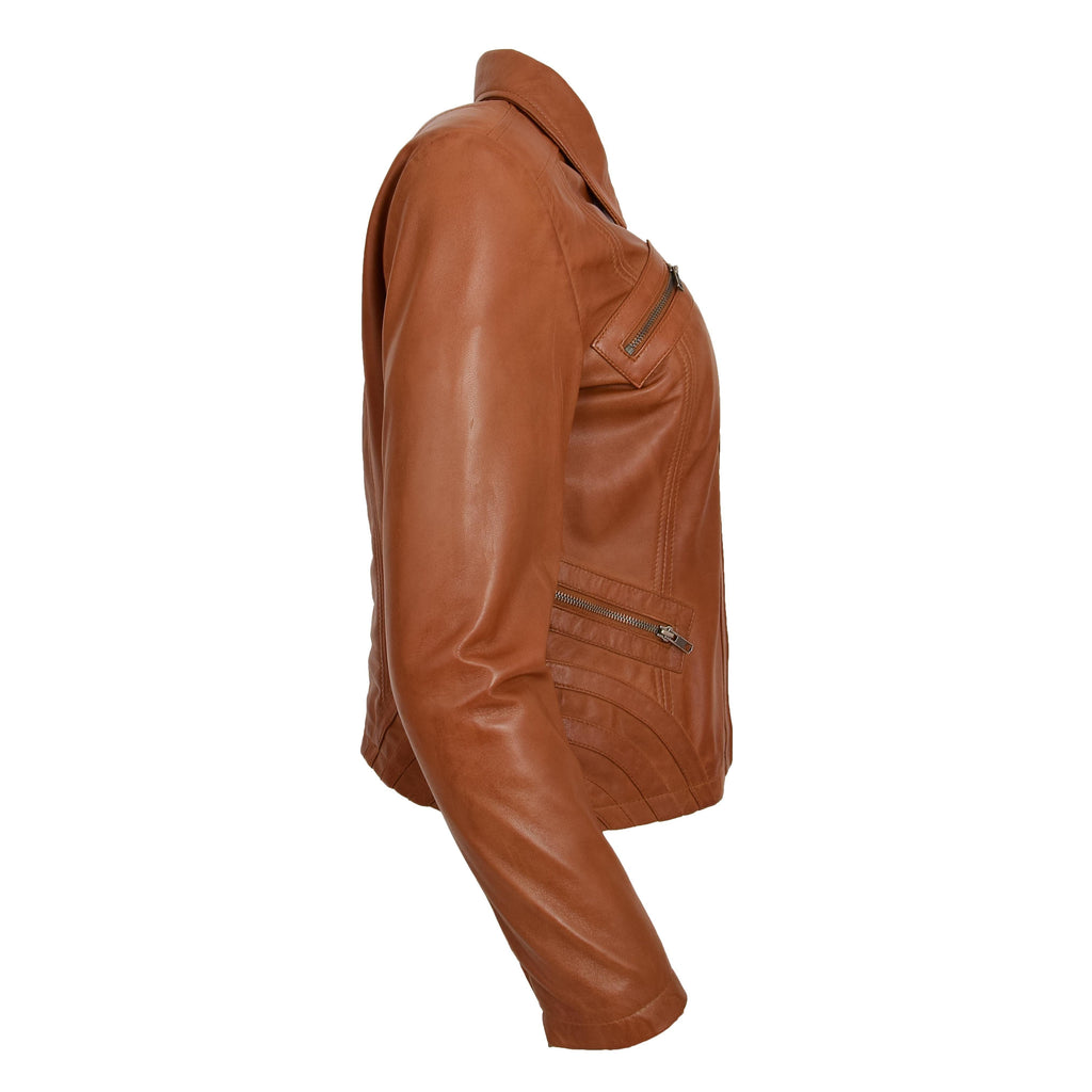 DR223 Women's Classic Leather Biker Zip Box Jacket Tan 5