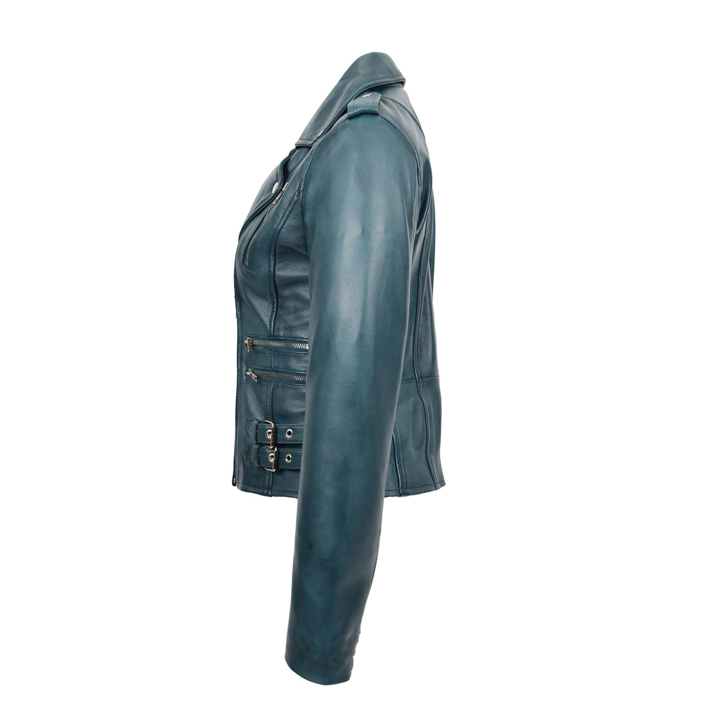 DR195 Women’s Trendy Biker Leather Jacket Teal 5
