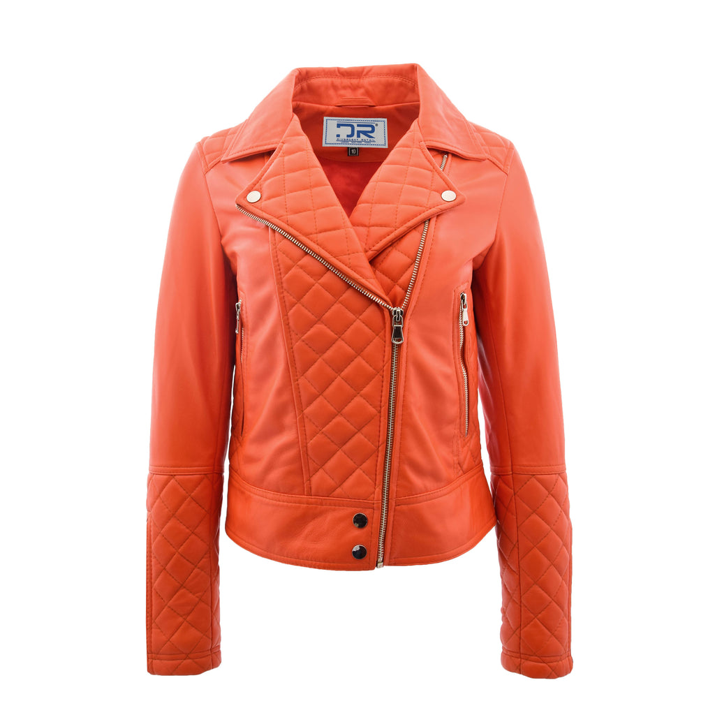 DR238 Women's Leather Biker Jacket with Quilt Detail Orange 1