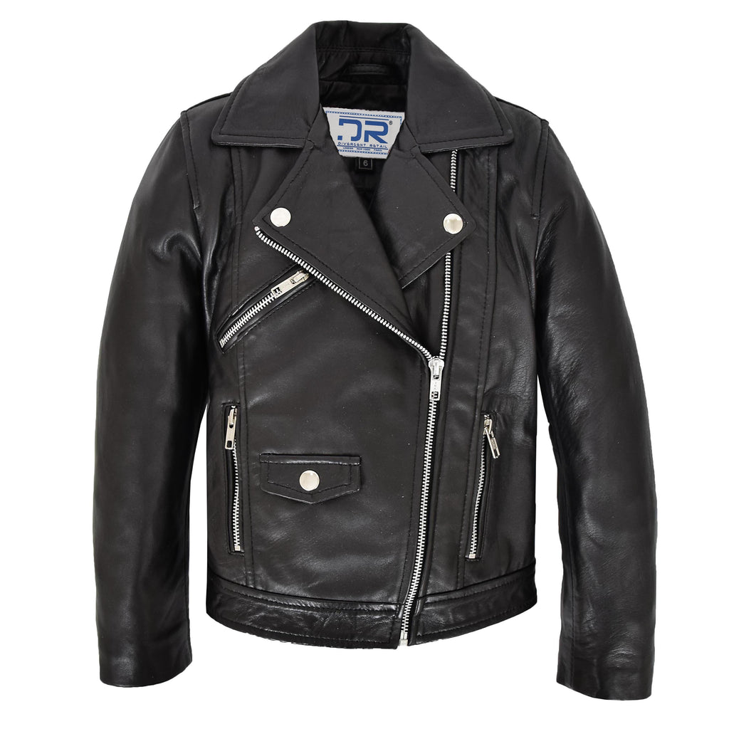 DR455 Girls Real Leather Cross Zip Biker Style Jacket Black 1
