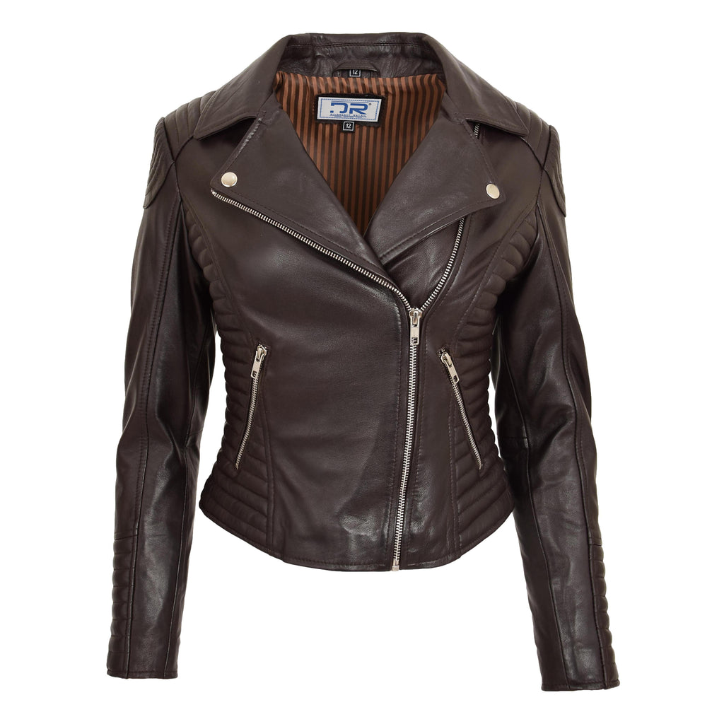 DR206 Women's Soft Leather Cross Zip Biker Jacket Brown 1