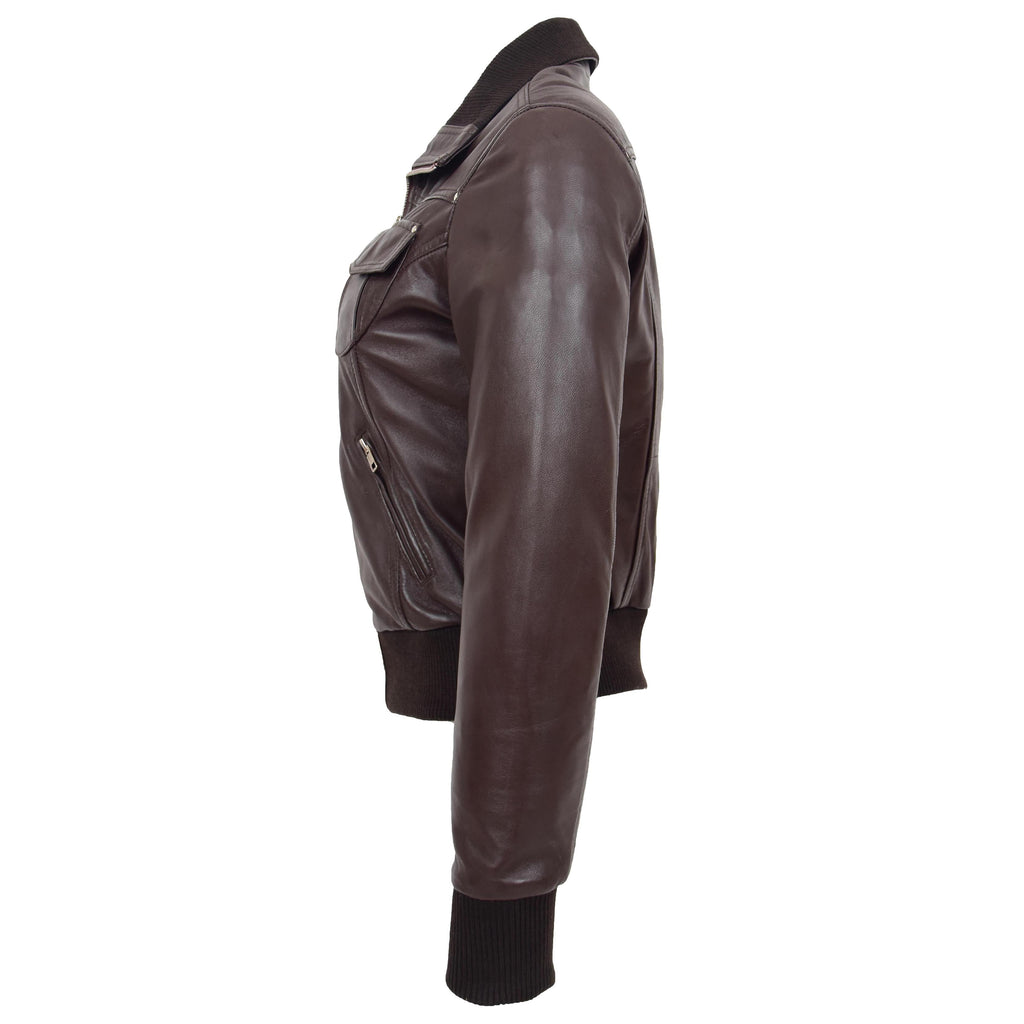 DR514 Womens Leather Classic Bomber Jacket Brown  3