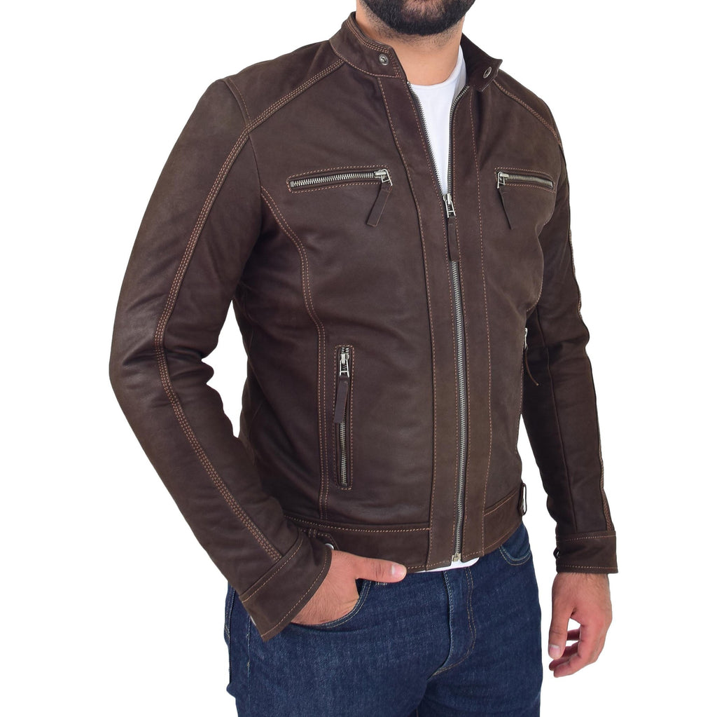 DR193 Men’s Real Waxed Leather Biker Jacket Brown 1