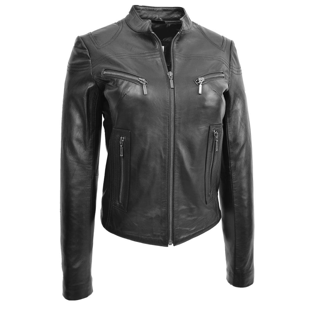 DR200 Ladies Classic Casual Biker Leather Jacket Black 5