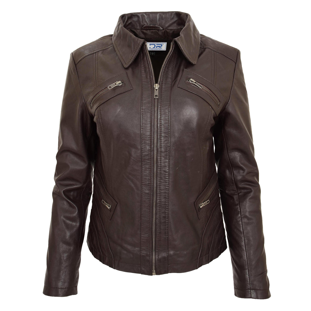 DR223 Women's Classic Leather Biker Zip Box Jacket Brown 1