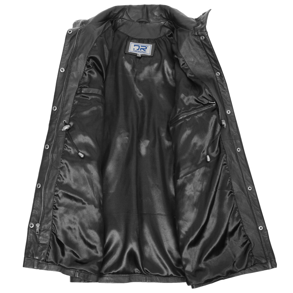 DR218 Women's Smart Long Leather Coat Hood Black 6