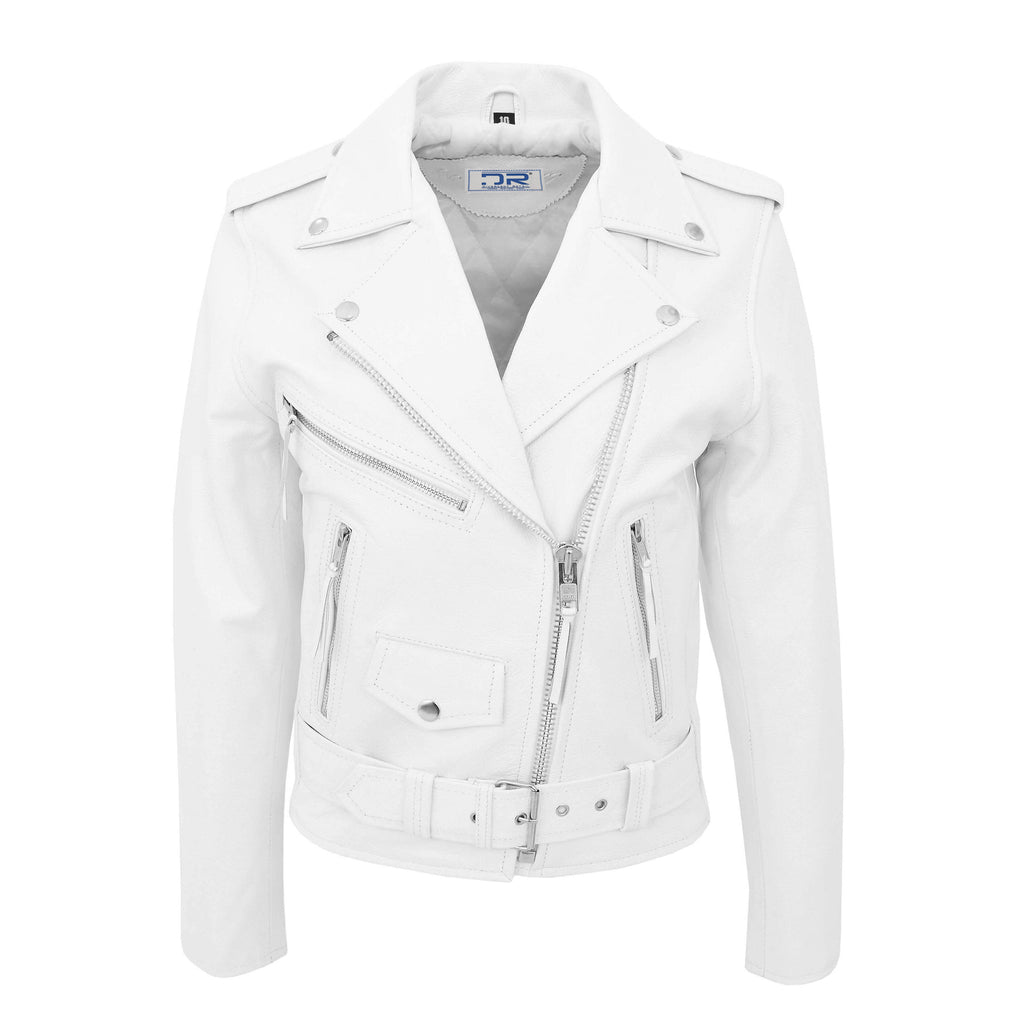 DR224 Women's Biker Chic Real Leather Jacket White 1