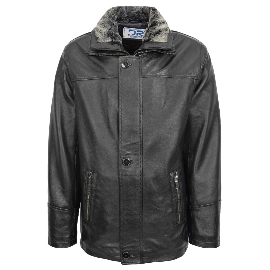 DR187 Men’s 3/4 Long Leather Soft Parka Coat Black 1