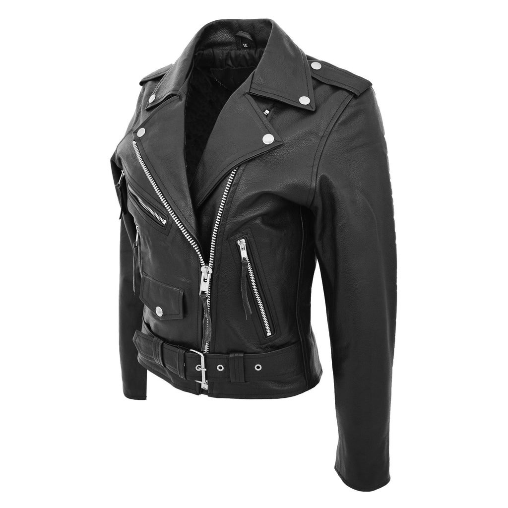 DR224 Women's Biker Chic Real Leather Jacket Black 3