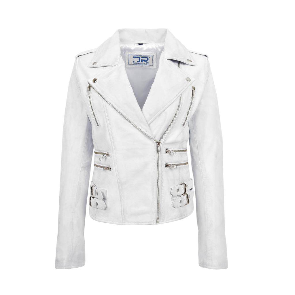 DR195 Women’s Trendy Biker Leather Jacket White Vintage 1