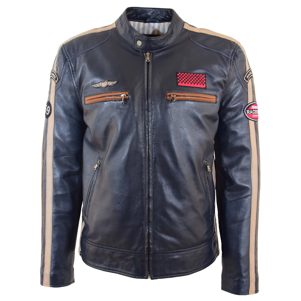 DR529 Men's Genuine Leather Cafe Racer Style Badges Biker Jacket Navy 1