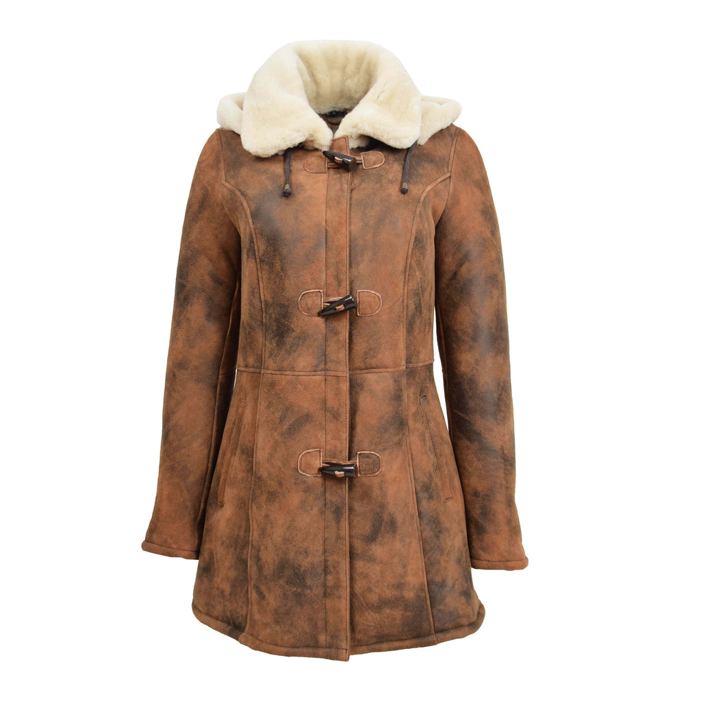 DR229 Women's Sheepskin Duffle Coat Mid Length Tan 1