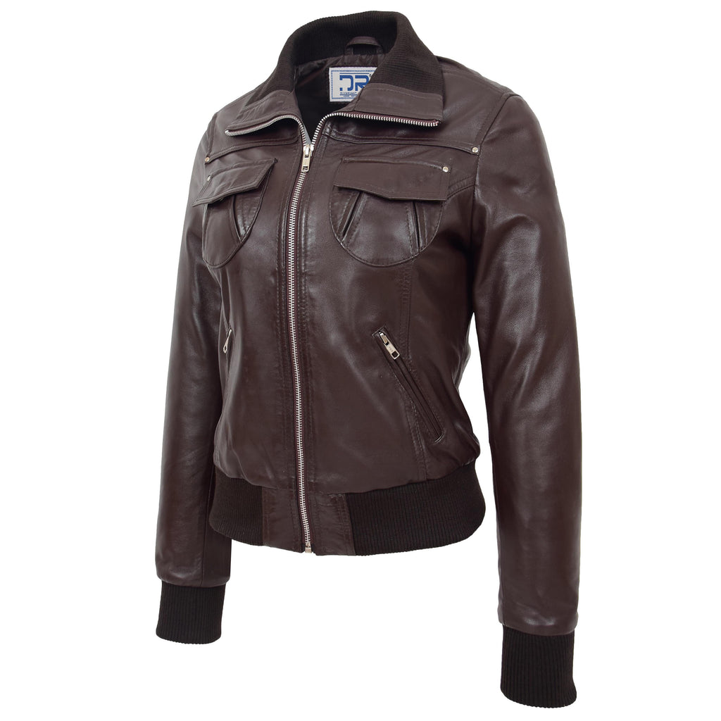 DR514 Womens Leather Classic Bomber Jacket Brown  5
