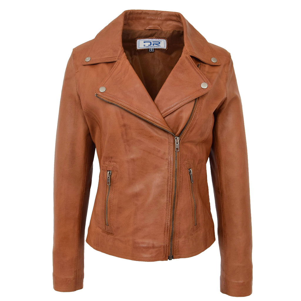 DR216 Women's Casual Smart Biker Leather Jacket Tan 1
