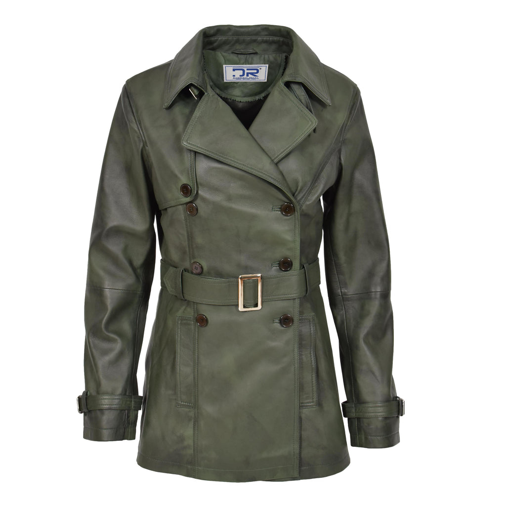 DR201 Women's Leather Buttoned Coat With Belt Smart Style Green 1